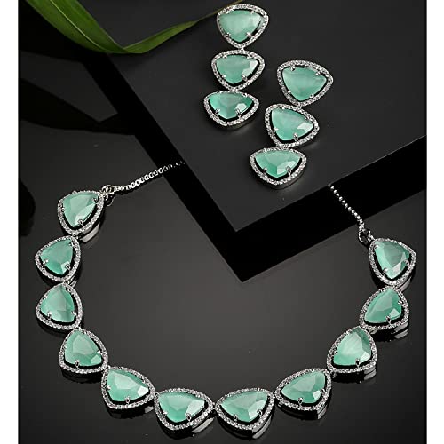 Image of ZENEME Rhodium Plated Silver Toned Triangular Shaped American Diamond Studded Jewellery Set For Women and Girl