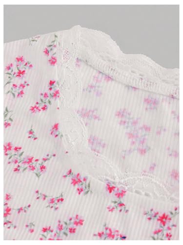 Image of RoseSeek Girl's Ditsy Floral Print Lace T Shirt Short Sleeve Ribbed Ruched Cute Tee Shirts Summer Tops