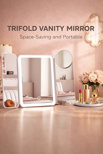 Lighted Makeup Vanity Mirror, Height Adjustable Trifold Mirror with Seamless Light Strip, 1X/2X/3X/10X Magnification, 2000mAh Rechargeable Desk Mirror, Dimmable 3 Color Lighting, Gifts for Mom Women