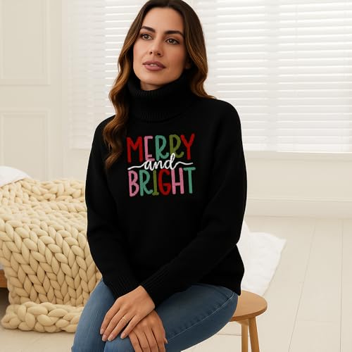 Unisex Merry and Bright Knitted Turtleneck Sweater Long Sleeve Warm Cozy Pullover for Men and Women Soft Comfortable Fit Casual Winter Jumper Holiday Season 04 Turtleneck Sweater XS Black4