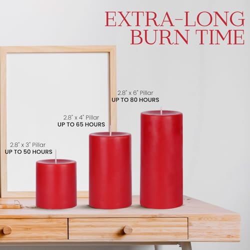 Image of D'Velas Pack of 3 Unscented Red Pillar Candles | Burn Time 50 /65 /80 Hours | Bonus 3oz Scented Travel Tin | Long-Lasting Paraffin Wax Candles for Home Decor, Festive Use & Events