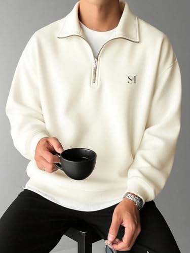 Image of SMOWKLY Men's Half Zip Sweatshirt | Oversized Winter Wear for Men | Mock Neck Quarter Zip Pullover | Full Sleeve Fleece Sweatshirt | Casual Streetwear | Warm Cotton Blend Upperwear for Men