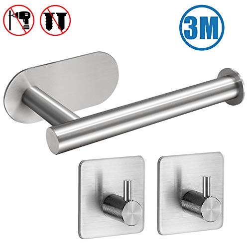 Porta Carta Igienica Autoadesivo - Portarotolo Carta Igienica e 2 pezzi Ganci Adesivi, Silver 304 Acciaio Inox, Senza Foratura, per Bagno,Toilette, Cucina e Camere da Letto