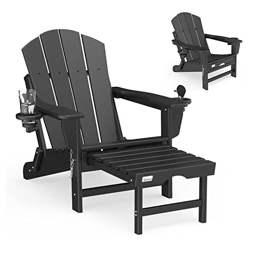 Mdeam Folding Adirondack Chair Lawn Outdoor Fire Pit Chairs Adirondack Chairs Weather Resistant with 2 Cup Holder/Adirondack Retractable Ottoman（Black）