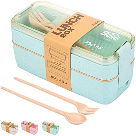 The All-in-one Lunch Bento Box -Two Stackable Meal Prep Bento Box- Dishwasher Safe,Utensils,Dividers-Food Storage Containers