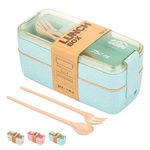 The All-in-one Lunch Bento Box -Two Stackable Meal Prep Bento Box- Dishwasher Safe,Utensils,Dividers-Food Storage Containers