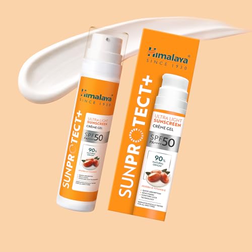 Image of Himalaya Sun Protect+ Ultra Light Sunscreen | Creme Gel | 90% Natural Origin Ingredients | In vivo tested SPF 50 PA++++ | Dermatologically tested for all skin types | No white cast | Sweat Resistant | 50g