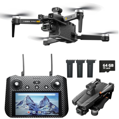 Image of AE86ProMax+Drones with Camera for Adults 4K Video,Touch Screen Tablet Remote and 3-Axis Mechanical Gimbal, 5G Digital Transmission, 360 Laser Obstacle Avoidance, GPS Auto Return,Three 8000mAh 45 Mins Long Endurance, 500g Payload, Smart Follow Waypoint Flight Foldable Quadcopter, Up to 5 Miles Range (Carbon Fiber, 3 Batteries + 64GB TF Card)