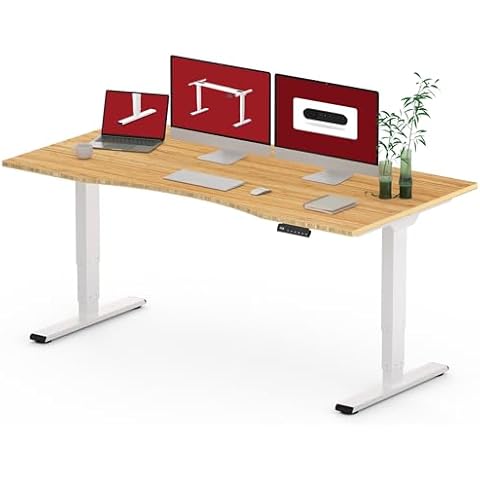 SANODESK Standing Desk 3 Stages Dual Motor 60 inch Whole-Piece Real Bamboo Desktop Height Adjustable Desk for Home Office Stand Up Desk(White Frame/ 60" Curved Natural Bamboo Top) Cover