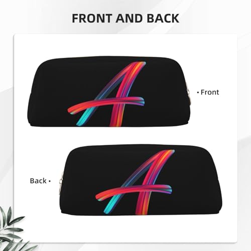 Image of Cute Initial Pencil Case for Kids Simple Leather Pencil Pouch for Boys Girls Letter Design Pencil Box Pen Bag Pencil Pouch Office Stationery Organizer, Rainbow Letter A