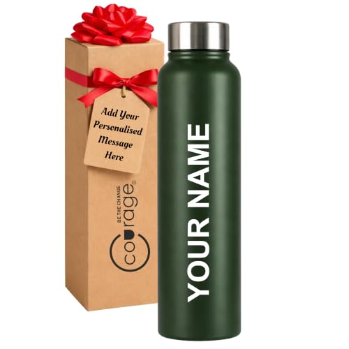 Image of Courage Personalised Stainless Steel Water Bottle 1 Litre | Custom Name Engraved Bottle | Leak-Proof, BPA-Free, Rust-Resistant | Stylish Gift for Kids, Women & Men | Office, School & Gym Use (Green)