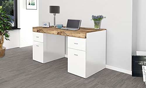 Dmora Scrivania per Ufficio e Studio con cassettiera e Piano Contenitore, Made in Italy, Tavolo Minimal, Scrittoio Porta PC, cm 130x60h75, Colore Pero, Bianco Lucido e Acero, Big