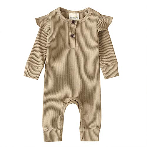 Gouldenhui Winter Newborn Baby Boy Girl Long Sleeve Romper Solid Ribbed Clothes Unisex Infant Cotton Button Jumpsuit One Piece Outfit (Khaki, 0-3 Months)