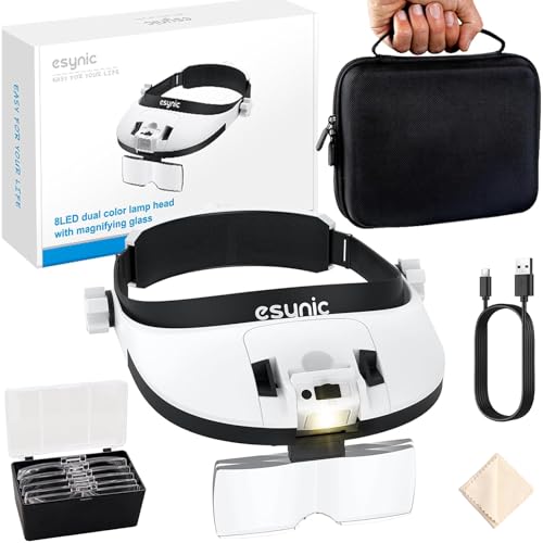 eSynic Loupe frontale avec 8 lumières LED, lampe frontale rechargeable 1X-6X avec étui de rangement, 5 lentilles, lampe frontale réglable chaude et froide pour loisirs, lecture, artisanat, etc