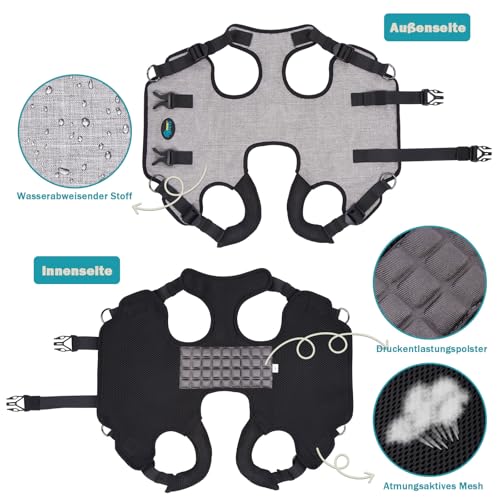 Ownpets Tragehilfe Geschirr, Hebegeschirr für kleine Hunde, Tragtuch für kleine Haustier, Ganzkörpergeschirr, Hunde Tragetasche mit Schultergurt, Weich, Wasserdicht, Einstellbar, Grau, L