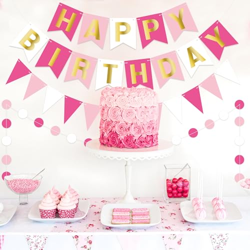 Image of Pink Happy Birthday Banner Pre-strung Happy Birthday Bunting Banner with Golden Letters Rose Pennant Flags Sparkle Birthdays Decor Pink Themed Party Supplies for Women Girls Kids Adults