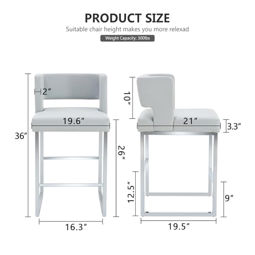 Image of 26 inch H PU Leather Bar Stools Set of 6, Counter Height Bar Seats with Square Back, Modern Upholstered Armless Barstools with Metal Silver Legs for Kitchen Island Dining Room Bar, Light Grey