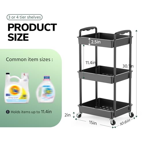Goovilla Rolling Storage Cart, 3 Tier Rolling Utility Cart Organizer on Lockable Wheels, Charcoal Fruit Vegetable Storage Rack Also for Kitchen, Cans, Snack, Craft, Art, Office, Beauty — view 2