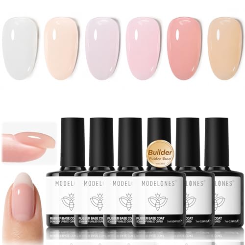 modelones Rubber Base Builder Nail Gel Polish 6 French Tip Base Color Nude White Baby Milky Pink Strengthener Apex Building Extension Protect Weak Nails Long Last U V Manicure Gift for Women