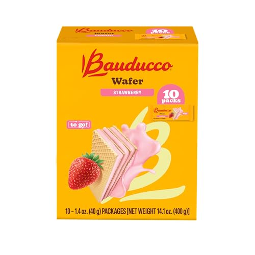 Image of Bauducco Wafer Cookies, Strawberry, Single Serve, 14.1 oz (Pack of 10) - Individually Wrapped Crispy Wafers - Triple-Layer Cream-Filled Dessert - Convenient Indulgence To-Go.