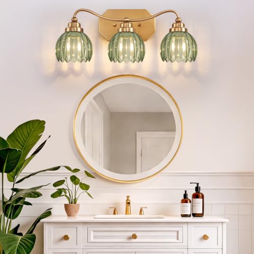 Image of Vintage Gold Vanity Lights, 3 Light Tulip Crystal, Antique Brass Finish | Brushed Gold Bathroom Light Fixtures, Green Wall Sconce Ideal for Bedroom, Living Room, E26 Compatible, Easy Install
