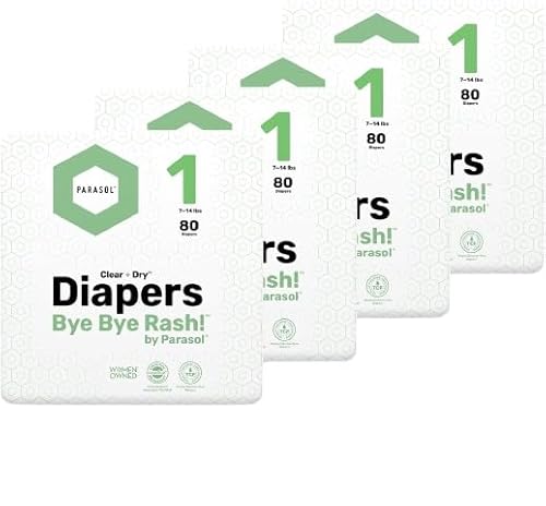 Parasol Clear+Dry Disposable Diapers, RashShield Protection and Leak-Control Fit, Hypoallergenic Diapers, Size 1 (7-14 lbs), 320 Count