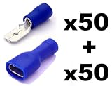 Color Azul Cosse Electrique - Lote de 100 terminales eléctricos Planos (6,3 mm, 50 machos y 50 Hembras) para Cables Entre 1,1 mm y 2,6 mm², Color Azul