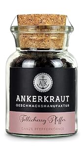 Ankerkraut Tellicherry Pfeffer, intensiv-aromatischer Premium-Pfeffer, ganze Körner, Spätlese-Pfeffer, 70g im Korkenglas