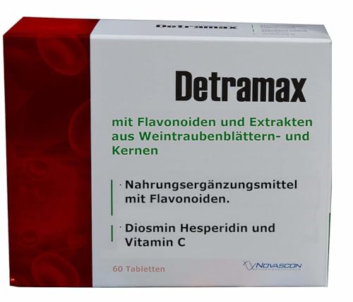 Detramax Venentabletten 60 St. auch bei Hämorrhoiden 3 Extrakte: Flavonoide (Diosmin 220mg Hesperidin 20mg) Weintraubenblätter 80mg Weintraubenkerne 79mg für die Venen