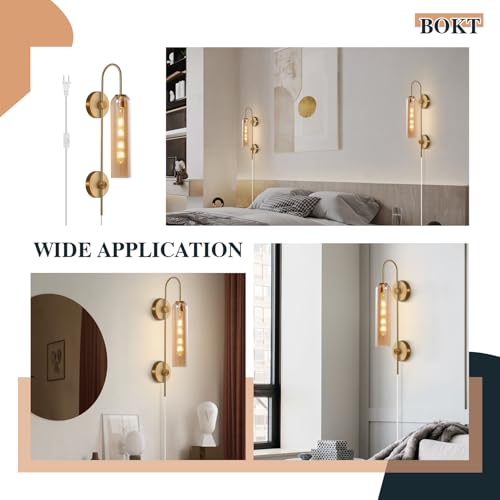 Image of BOKT Modern Wall Sconces 1-Light Wall Mounted Light Mid Century Modern Wall Decor Stylish Lighting Lamp Long Tube Glass Vanity Light Fixture (Amber, Plug in)