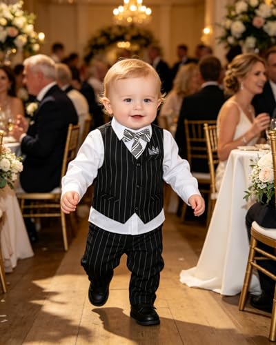 Image of Baby Boy Suits Formal Stripe Gentleman Tuxedo Suit Set Complete Dress Clothes Toddler Wedding Ring Bearer Outfit
