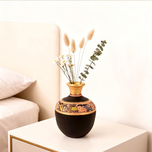Image of Aakriti Art Creations Handcrafted Black Madhubani Terracotta Vase (6x4 HxD)| Traditional Hand-Painted Flower Vase| Matte Finish Decorative Vase for Living Room Decor, Table Decor,Shelf Decor & Gifting