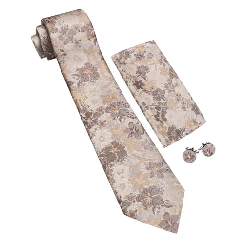 Image of Barry.Wang Men Tie Set Floral Paisley Silk Necktie Pocket Square Cufflinks Formal Wedding Party Business