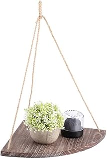 HERCHR Hanging Corner Shelf, Rustic Floating Wall Shelves Hanging Window Plant Shelves Wooden Rustic Jute Rope Shelving Organizer Displays Storage Rack Home Decor