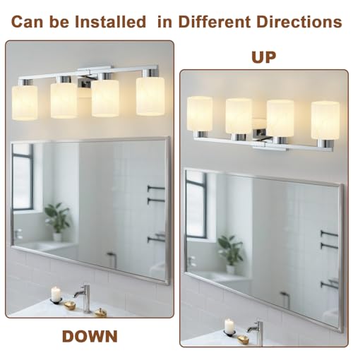 Image of 4-Light Bathroom Light Fixtures, Modern Vanity Lights, Chrome Metal Wall Lamp with White Marble Glass for Bathroom, Mirror, Living Room, Bedroom, Cabinet, Porch, Hallway, E26 Base