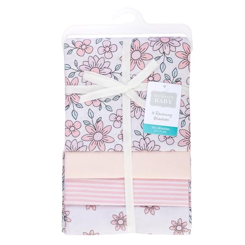 Image of Hudson Baby Infant Girls Cotton Flannel Receiving Blankets 4-Pack, Pink Mint Floral, One Size