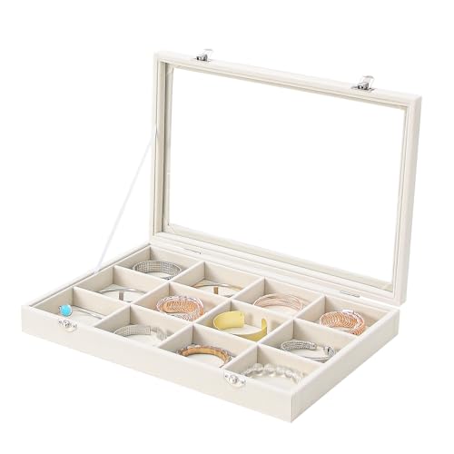 Coward Caja organizadora de joyas, terciopelo beige, 12 rejillas, pulsera, collar, bandeja de exhibición de joyas con tapa de vidrio transparente para el hogar, cajón, escritorio o tienda de ventas