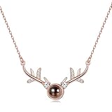 Sllaiss 14K Rose Gold Plated Sterling Silver 100 Languages I Love You Projection Necklace for Women,Deer Antler Pendant Christmas Romantic Love Memory Gift for Her,Sets with Swarovski Zirconia