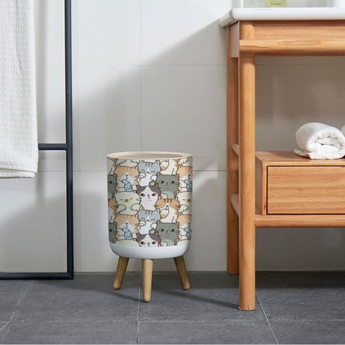 Image of Small Trash Can with Lid for Bathroom Kitchen Office Diaper Seamless Pattern Cute Cartoon Cat Bedroom Garbage Trash Bin Dog Proof Waste Basket Cute Decorative