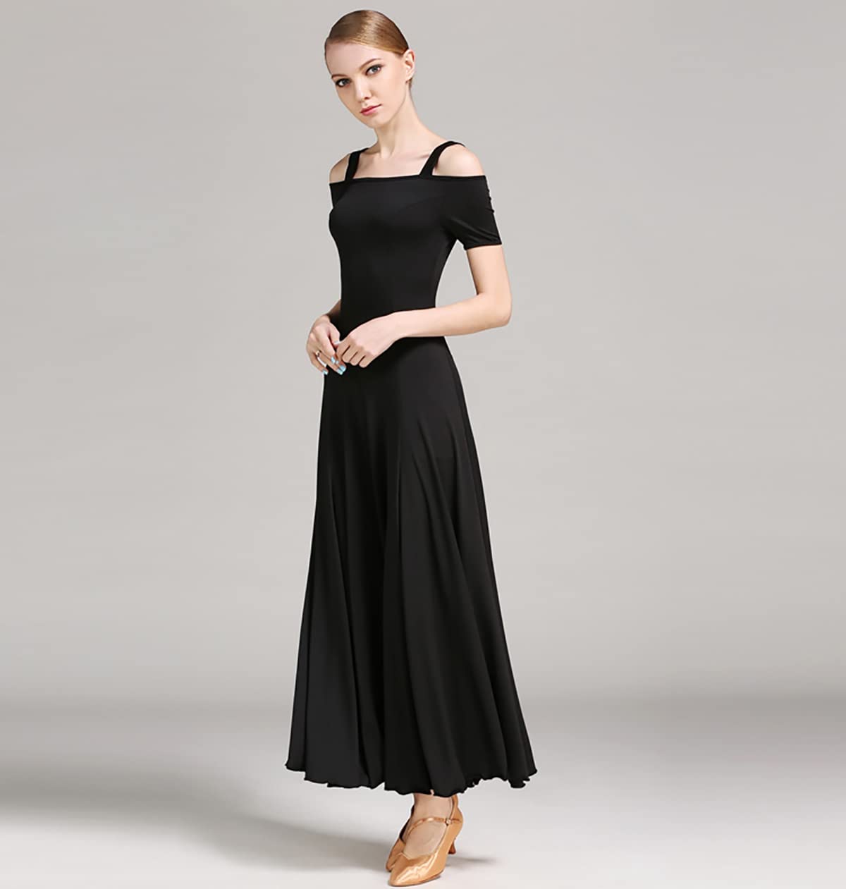 Kobieta? moda seksowna sukienka na ramię solidna długa sukienka na imprezę elegancka sukienka nowoczesna walc ubrania do tańca balowego taniec duża spódnica swingowa odzież performance M
