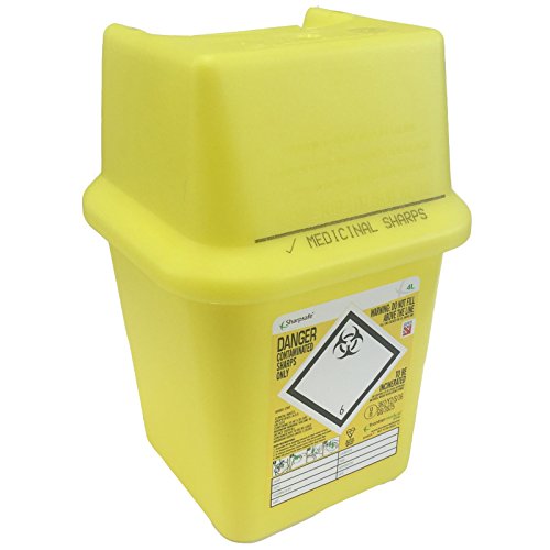 Sharpsafe Seringue à lame bio, jaune, 4 l, avec aiguille, étiquetée, pour déchets tranchants, boîtes cliniques Cover