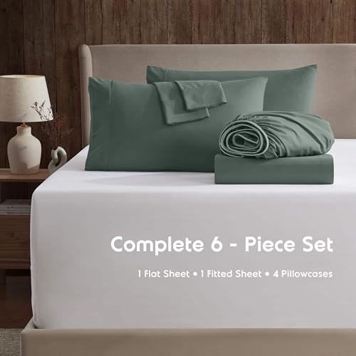 Image of Nestl Extra Deep Cal King Sheet Set - 6 Piece Breathable & Cooling Sheets - Hotel Luxury Bedding Set w /18-24 Inch Deep Pockets - Easy & Secure Fit - Super Soft, Wrinkle Free & Comfy - Forest Green