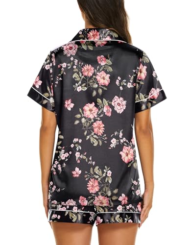 Image of Ekouaer Silk Pajamas for Women Short Sleeve Sleepwear Soft Button Down Loungewear 2 Piece Satin Pjs Shorts Set,Floral Black Pink,M