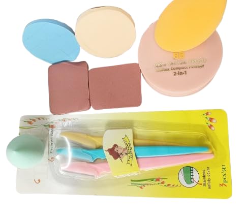 Makeup Accessory Set with Eyebrow Razor, Makeup Blender Sponges, Compact Powder, Multi-Colour 1