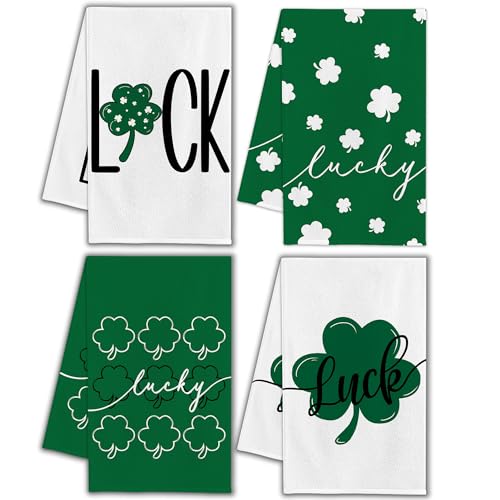 Image of FUTBU St Patricks Kitchen Towels, Green Clover Shamrock Lucky St. Patrick's Day Dish Towels Set of 4 Kitchen Decor, 16x24 Inch Holiday Seasonal Decorations