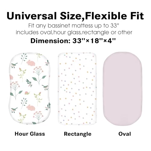 Image of Little Grape Land Bassinet Sheets for Baby Boys Girls 3 Pack, 33 inch x 18 inch Extra Soft Breathable Fitted Bassinet Sheets, Bedside Sheets Fit for Oval Rectangle and Hourglass Bassinet Mattress (Bunny)