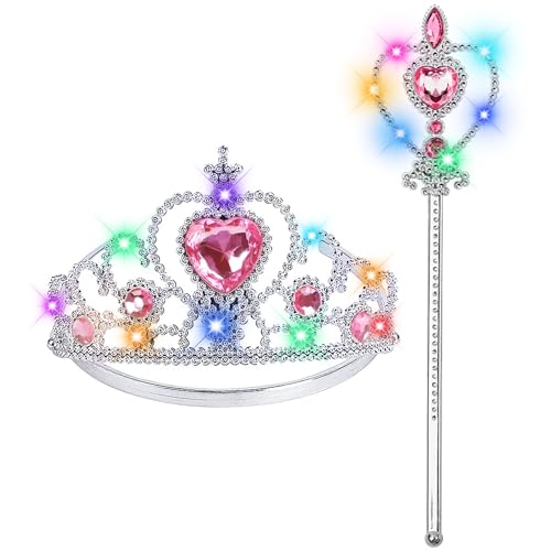 BIBUTY Princess Crown Tiara for Little Girls Princess Dress Up Accessories, Light Up Princess Tiara Wand Toy Gifts for 3-6 Girl (Pink)