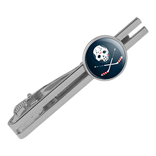 GRAPHICS & MORE Hockey Mask Skull Crossbones Stick Round Tie Bar Clip Clasp Tack Silver Color Plated