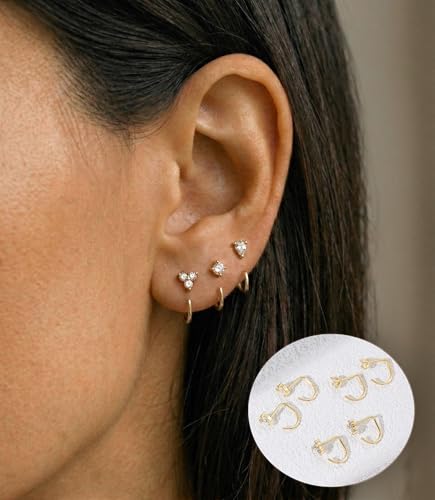 Backless Half Hoop Earrings for Women 14K Gold Plated Clover Drop CZ Charms