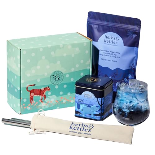 Image of Herbs & Kettles Lavish Blue Tea Boba Kit | Butterfly Pea Flower Tea with Green Tea, Lemongrass, Ginger & Mint + Chewy Tapioca Pearls | DIY Color-Changing Bubble Tea Kit with Reusable Straws |